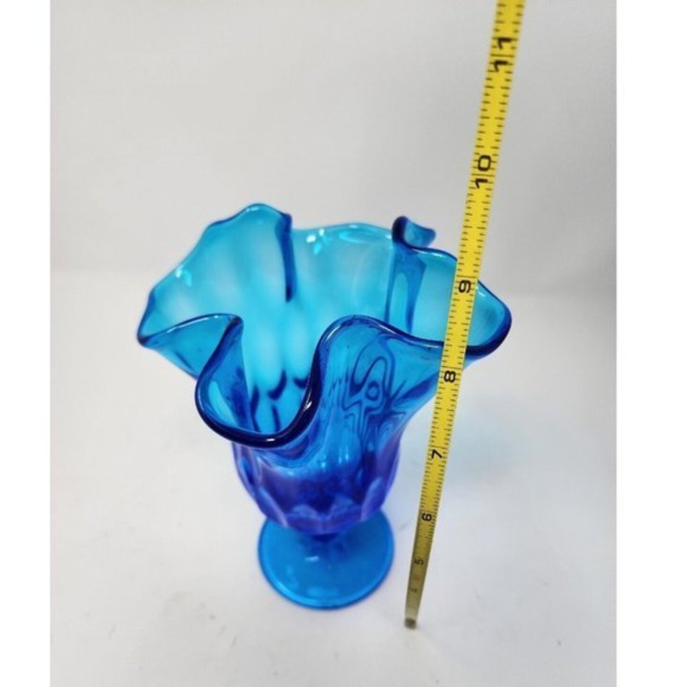 Vtg‎ Fenton Swung Stretch Handkerchief Pedestal Thumb Print Colonial Blue Vase - Picture 8 of 12